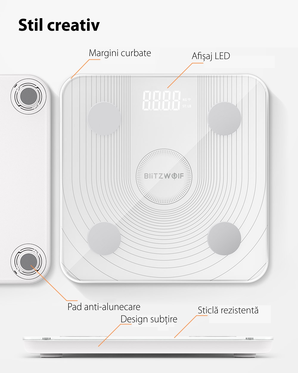 Cantar digital inteligent BlitzWolf BW-SC1, Smart, Control prin aplicatie, Masurare BMI, masa osoasa, grasime viscerala