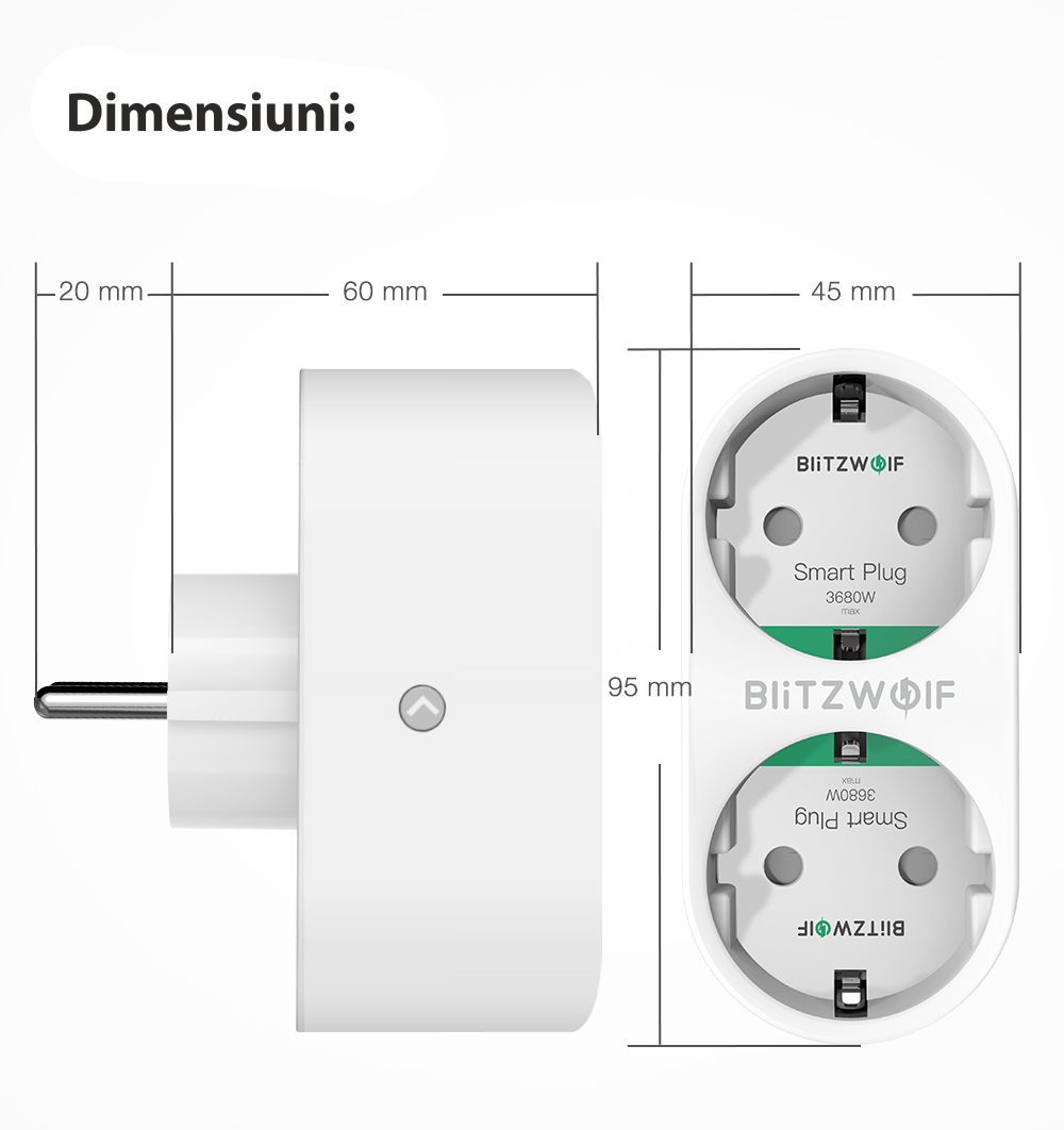 Priza dubla BlitzWolf BW-SHP7, Alb, Wi-Fi, Smart, 3680W, 16A, Monitorizare consum, Compatibil cu Alexa, Google Home & IFTTT