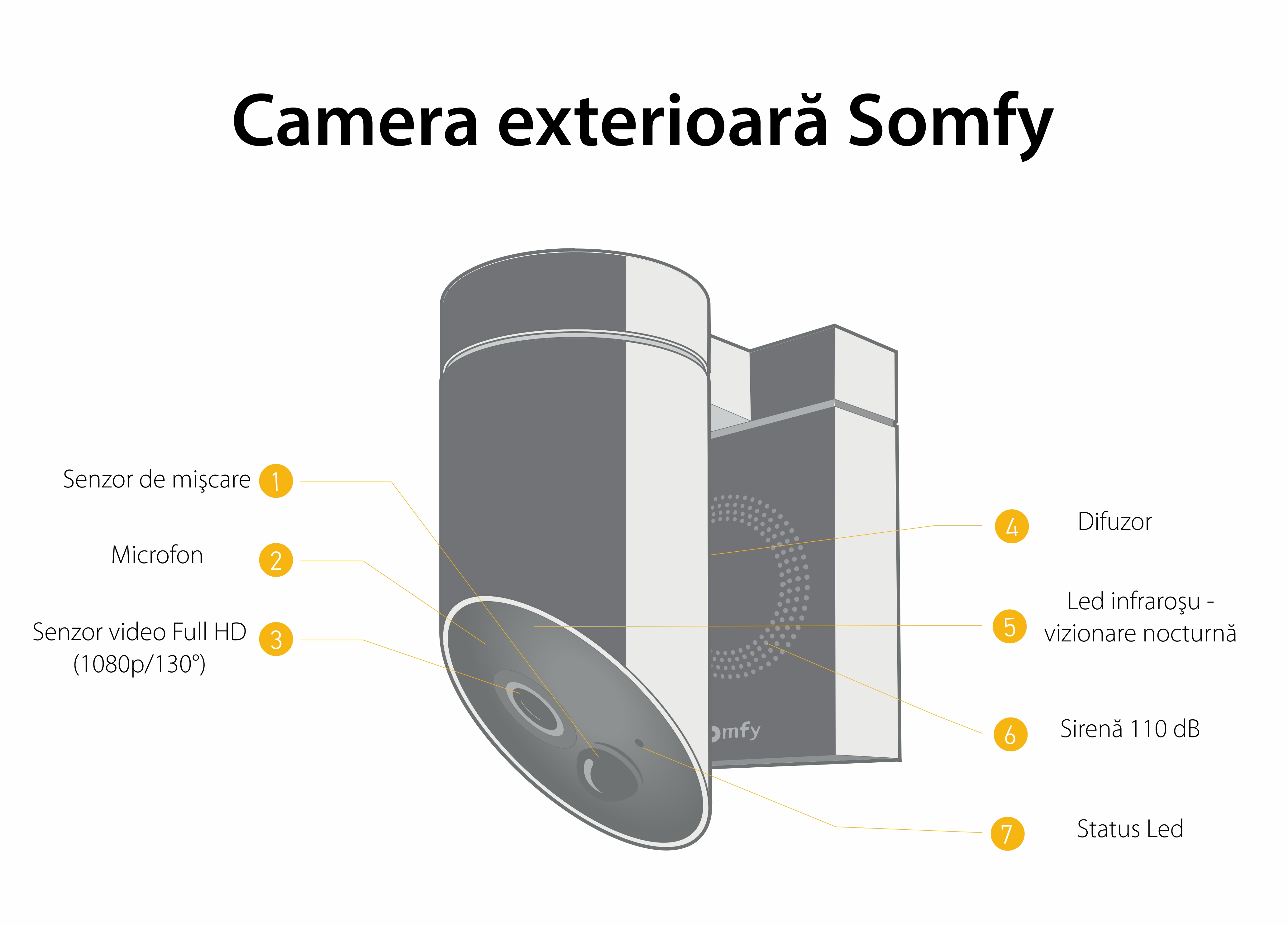 Camera de supraveghere de exterior Somfy, Wifi, 1080p Full HD, Sirena 110 dB, Posibila conexiune la corpul de iluminat existent – Gri