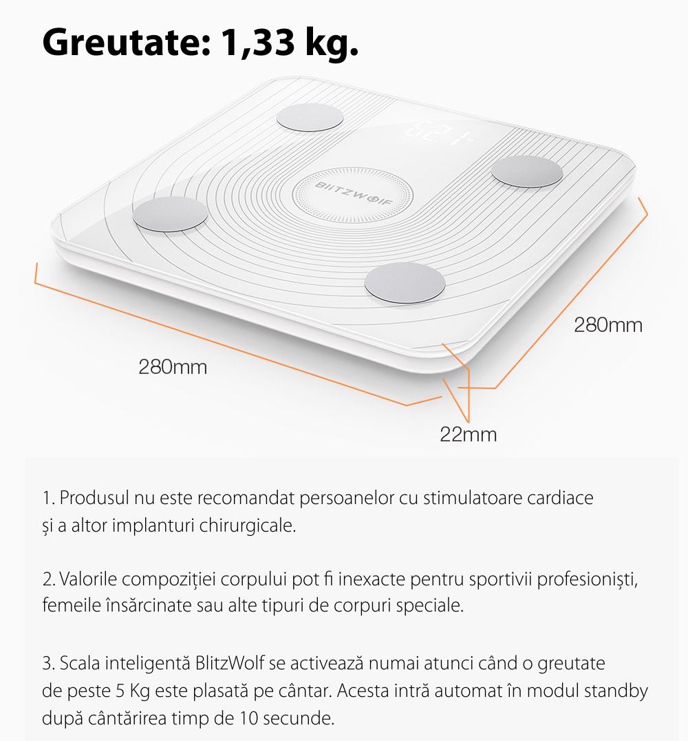 Cantar digital inteligent BlitzWolf BW-SC1, Smart, Control prin aplicatie, Masurare BMI, masa osoasa, grasime viscerala