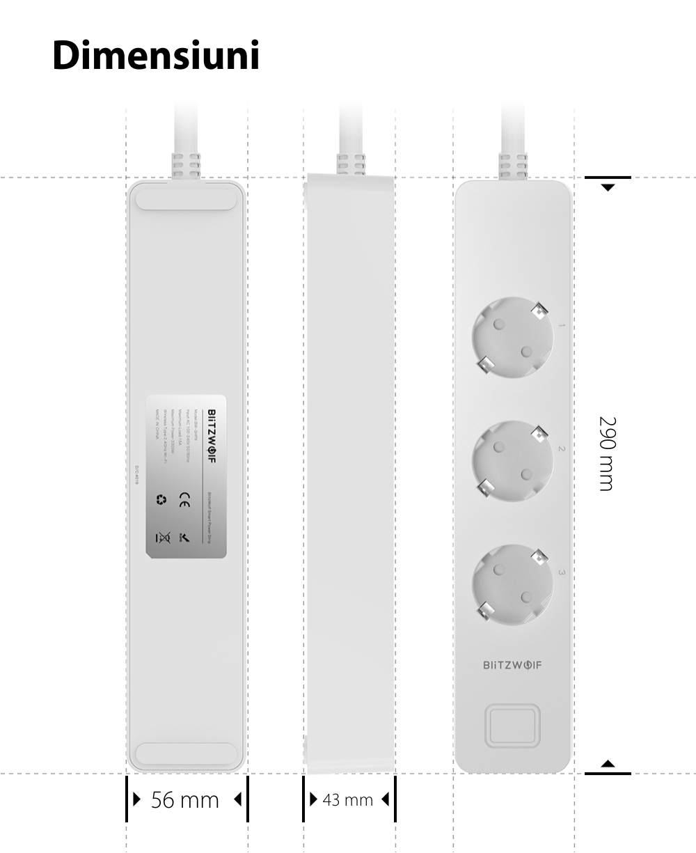 Prelungitor inteligent Blitzwolf BW-SHP9, 3 prize si 2 porturi USB, 3300W, 15A, Control de pe telefonul mobil