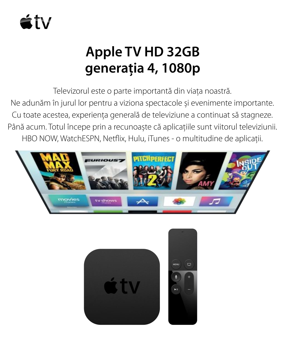 Apple TV, 32GB, Full HD 1080p, MR912MP/A, Negru