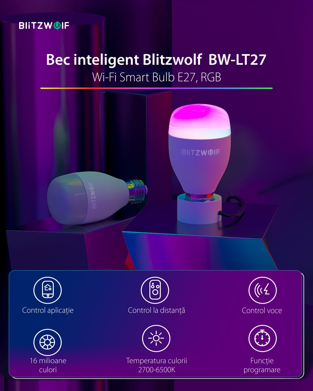 Bec inteligent Blitzwolf BW-LT27, Wi-Fi, Smart, Bulb E27, 9W, Comanda vocala, 850 LM, RGB