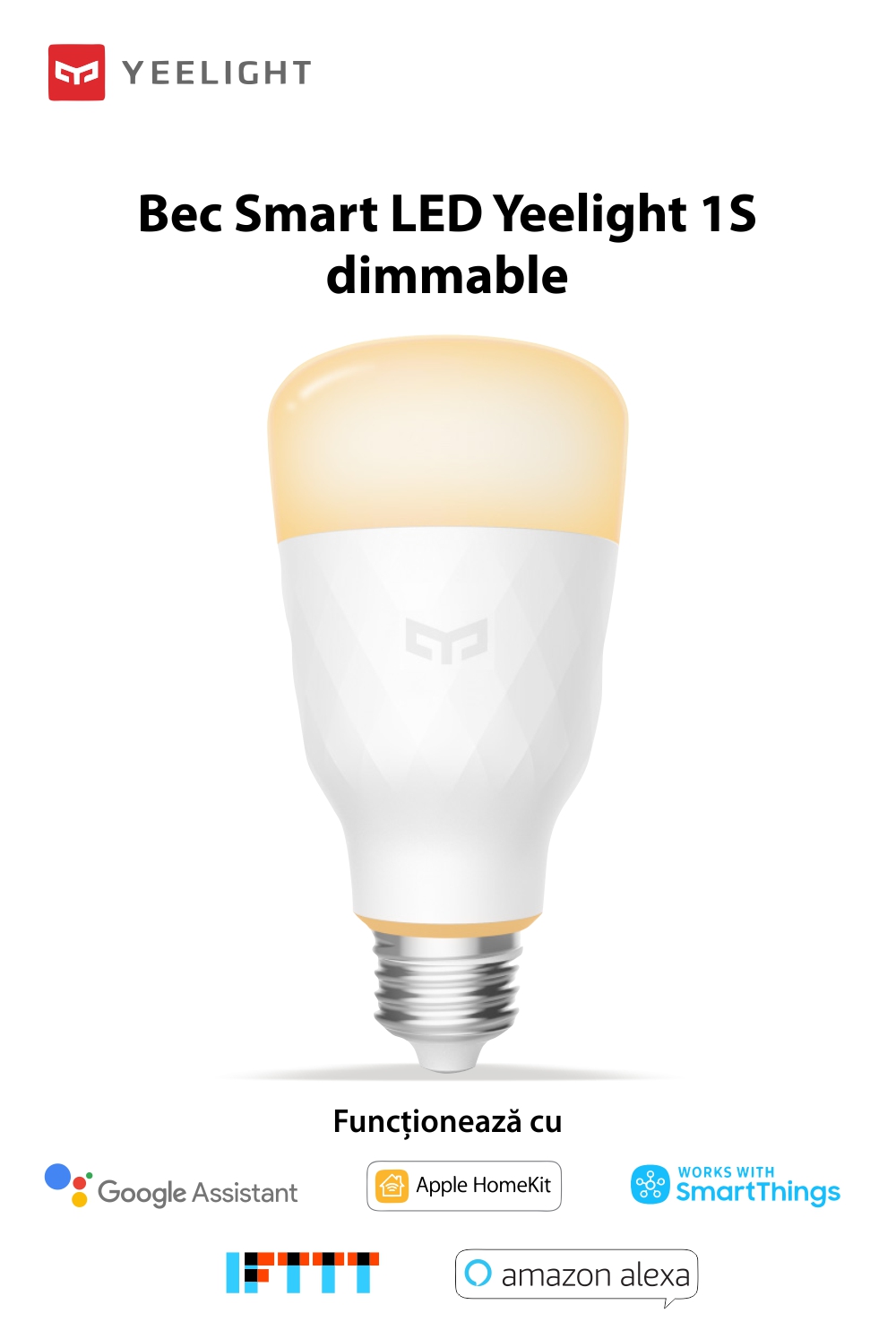 Bec Smart LED Yeelight 1S, Dimabil, Wi-Fi, E27, 800 LM, Comanda vocala, 8.5W