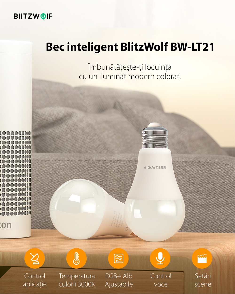 Bec Smart LED RGB, BlitzWolf BW-LT21, 10 W, Bulb, 900 LM, 3000K, E27, Comanda vocala