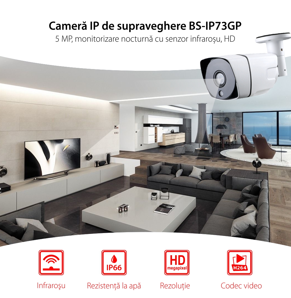 Camera de supraveghere Besnt BS-IP73GP, HD, Vedere nocturna, Rezistenta la apa, Monitorizare 24h