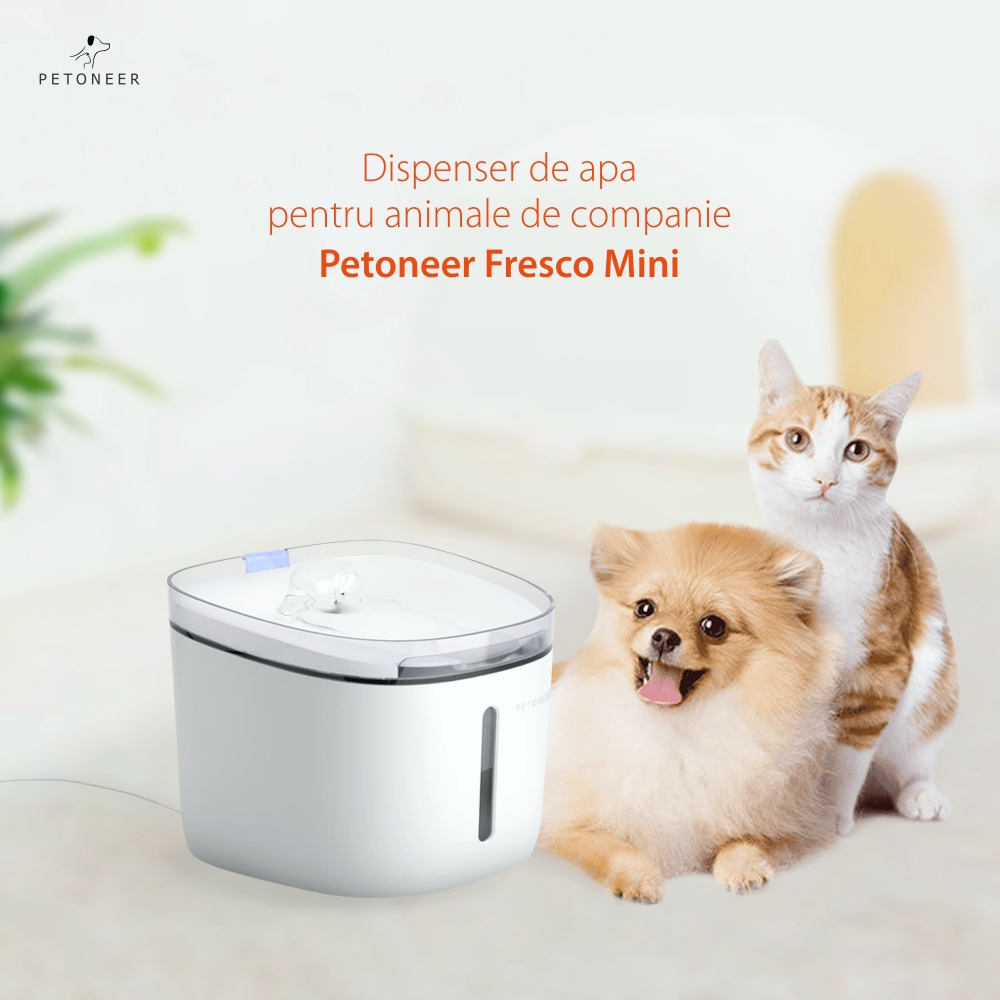 Dispenser de apa pentru animale de companie, Petoneer Fresco Mini, 1.9L, Filtrare, Control aplicatie