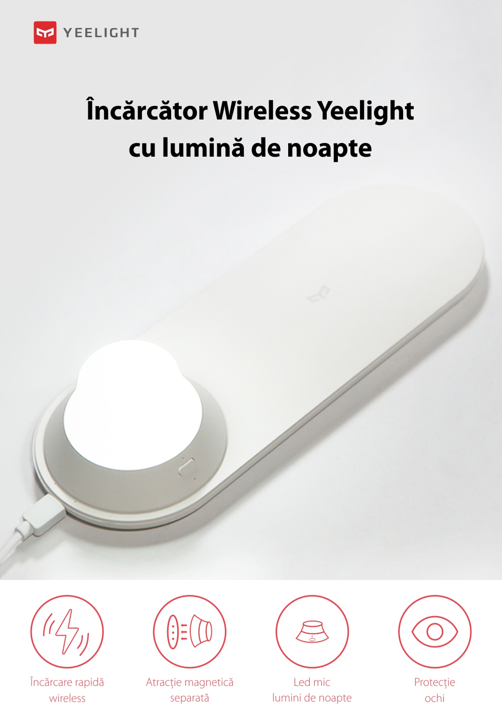 Incarcator Wireless, Yeelight YLYD08YI, Alb, Lumina de noapte, Incarcare rapida, 10W, Lampa LED