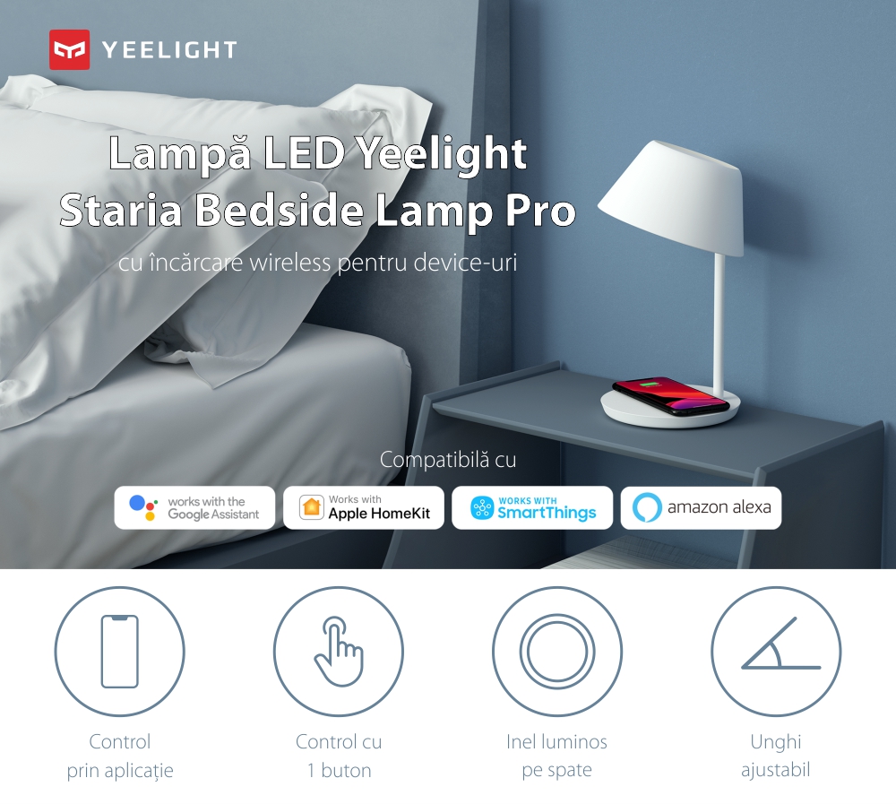 Lampa LED Yeelight Staria Bedside Lamp Pro, YLCT03YL, Pentru incarcare wireless, 18W, Comanda vocala