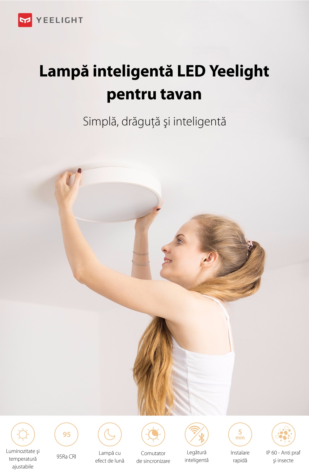 Lampa inteligenta LED pentru tavan, Yeelight YLXD12YL, Alb, Bluetooth, Wi-Fi, Comanda vocala, Rezistenta la praf IP60, Telecomanda inclusa