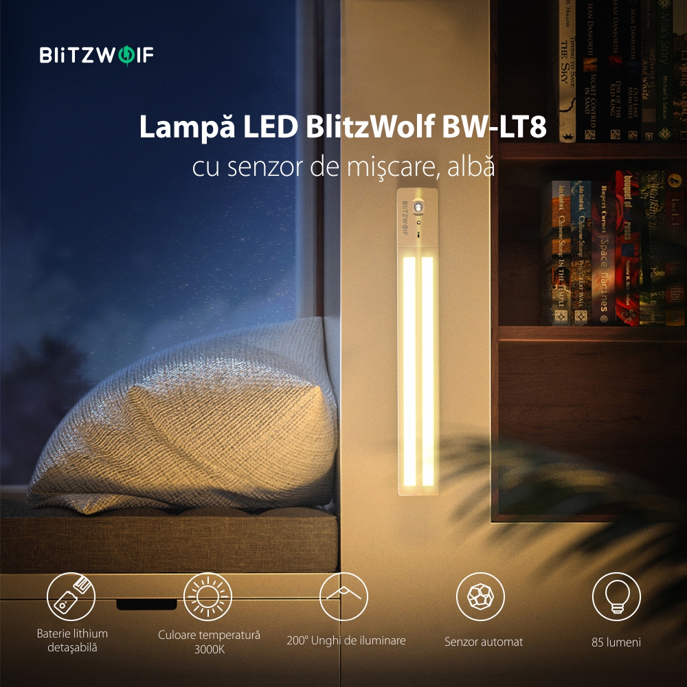 Lampa LED BlitzWolf BW-LT8 , Alb, 85 LM, 3W, Unghi de iluminare de 200‎°, Senzor de miscare, Baterie 1000 mAh