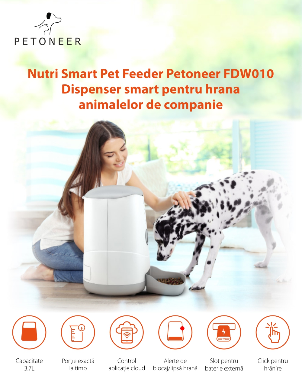 Dispenser inteligent pentru hrana animalelor de companie Petoneer Nutri, Control aplicatie, Slot baterie externa