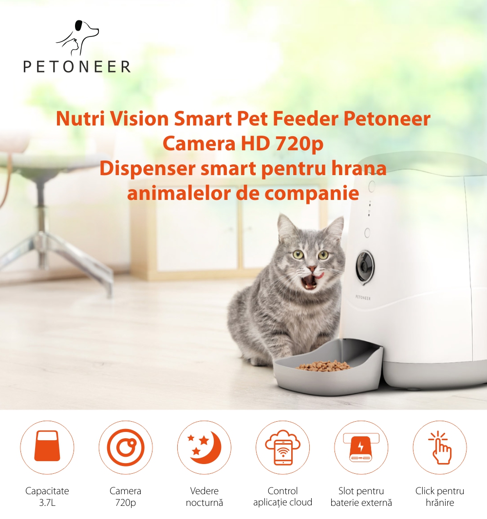 Dispenser smart pentru hrana animalelor de companie Petoneer Nutri Vision, 3.7 L, Camera, Control Vocal