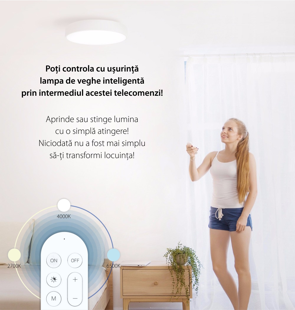 Lampa inteligenta LED pentru tavan, Yeelight YLXD12YL, Alb, Bluetooth, Wi-Fi, Comanda vocala, Rezistenta la praf IP60, Telecomanda inclusa