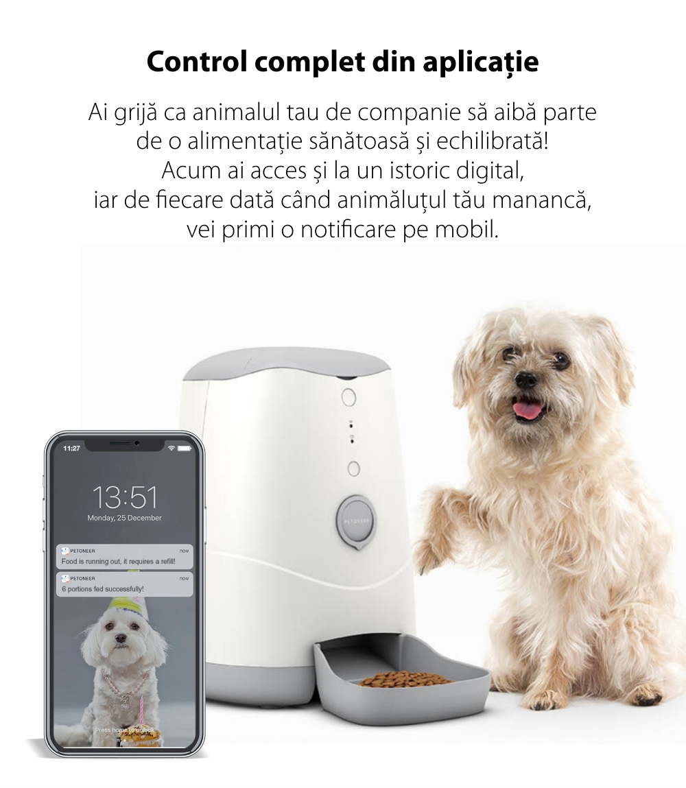 Dispenser inteligent pentru hrana animalelor de companie Petoneer Nutri, Control aplicatie, Slot baterie externa