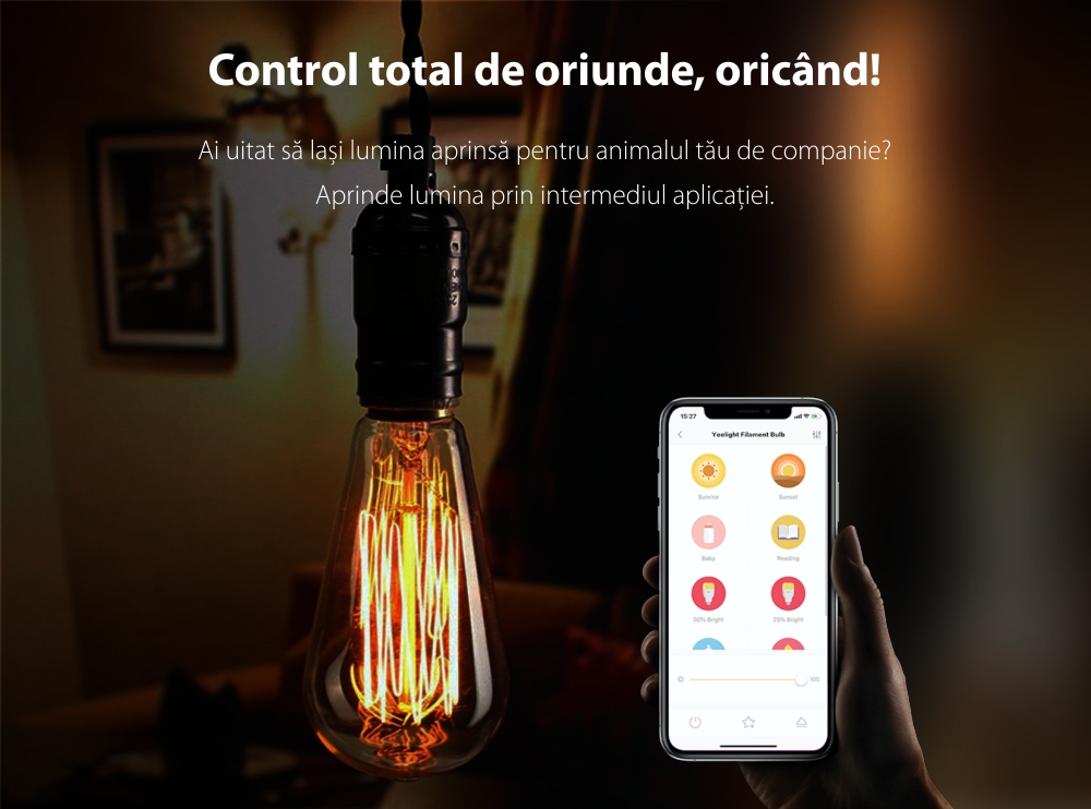 Bec Smart LED Yeelight ST64, Filament, 500 Lumeni, Wireless, E27, Control aplicatie