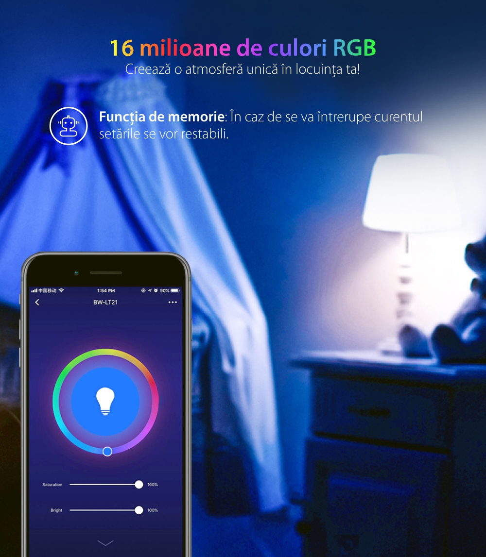 Bec Smart LED RGB, BlitzWolf BW-LT21, 10 W, Bulb, 900 LM, 3000K, E27, Comanda vocala