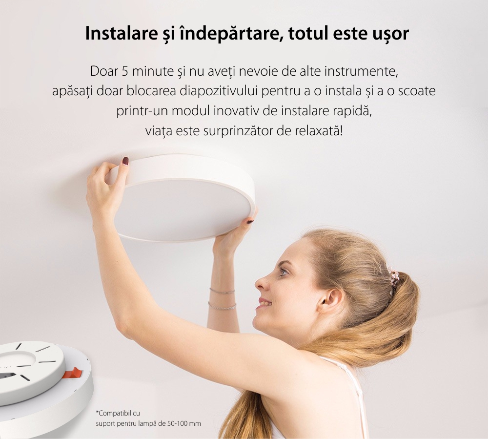 Lampa inteligenta LED pentru tavan, Yeelight YLXD12YL, Alb, Bluetooth, Wi-Fi, Comanda vocala, Rezistenta la praf IP60, Telecomanda inclusa