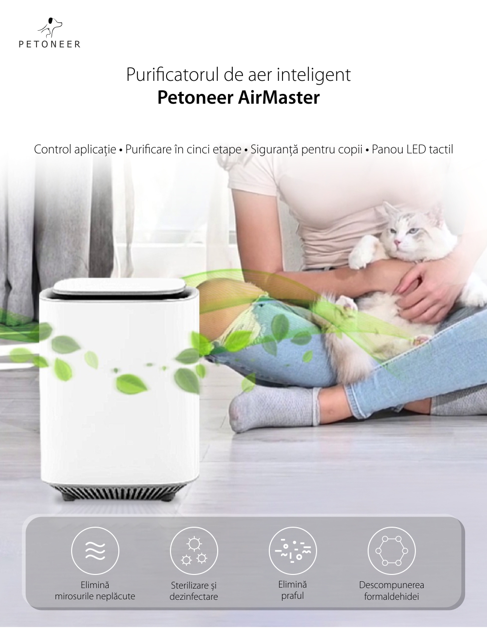 Purificator de aer inteligent Petoneer AirMaster, Panou LED, Wireless, Control aplicatie