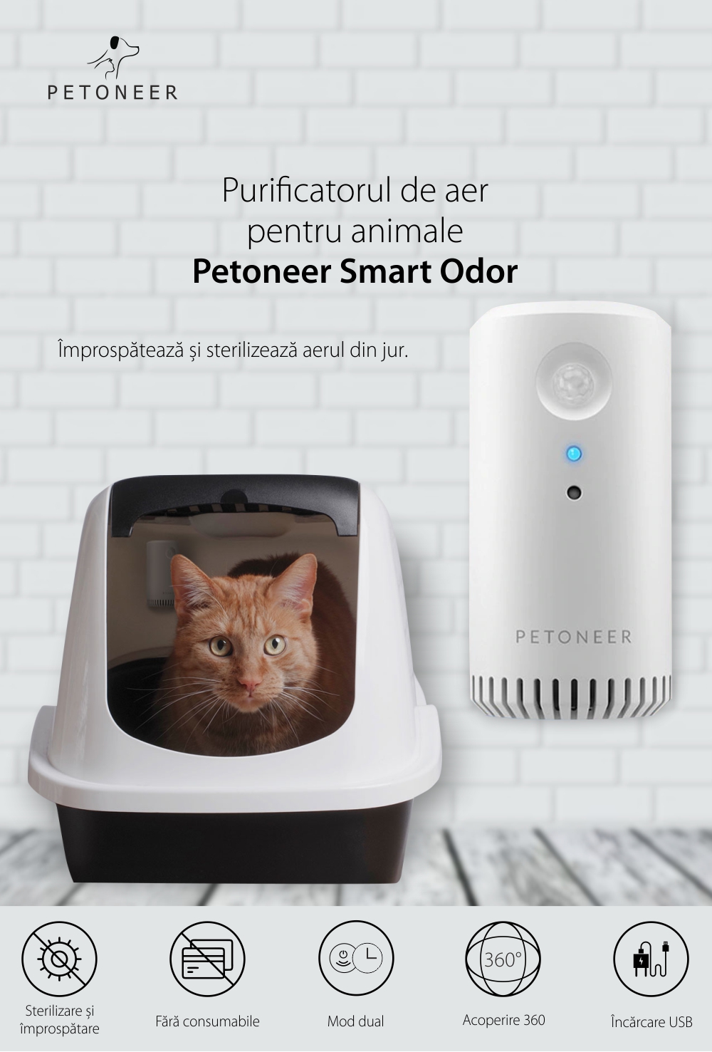 Purificator de aer pentru animale Petoneer Smart Odor, Detectare IR, Baterie 2200 mAh, Micro USB