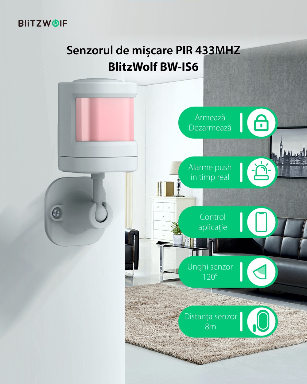 Senzor de miscare BlitzWolf BW-IS6-PIR, Wireless, Distanta 8 metri, 433 MHz