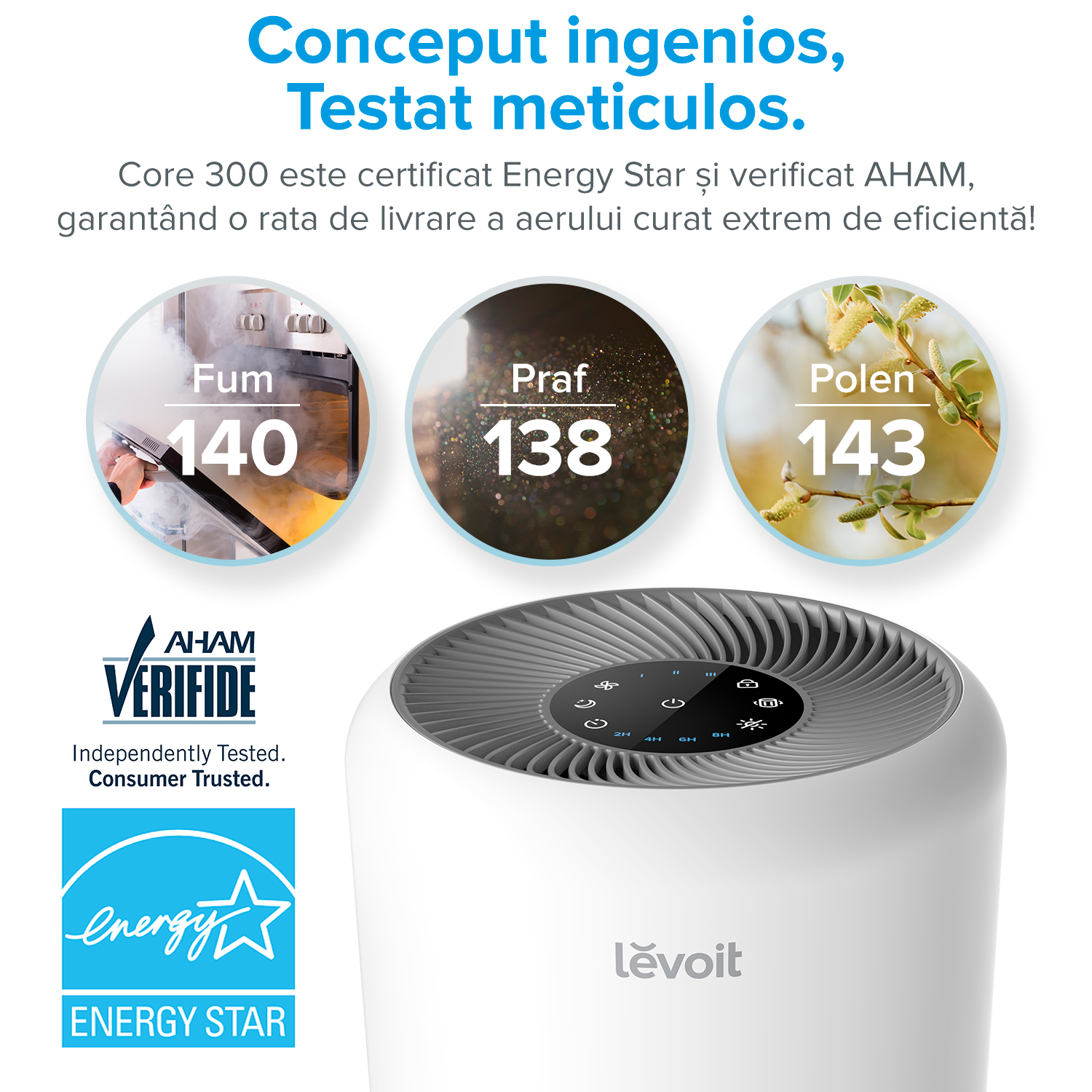 Purificator de aer Levoit Core 300, Alb, Filtru True HEPA, Carbon activ, Super silent, Touch screen