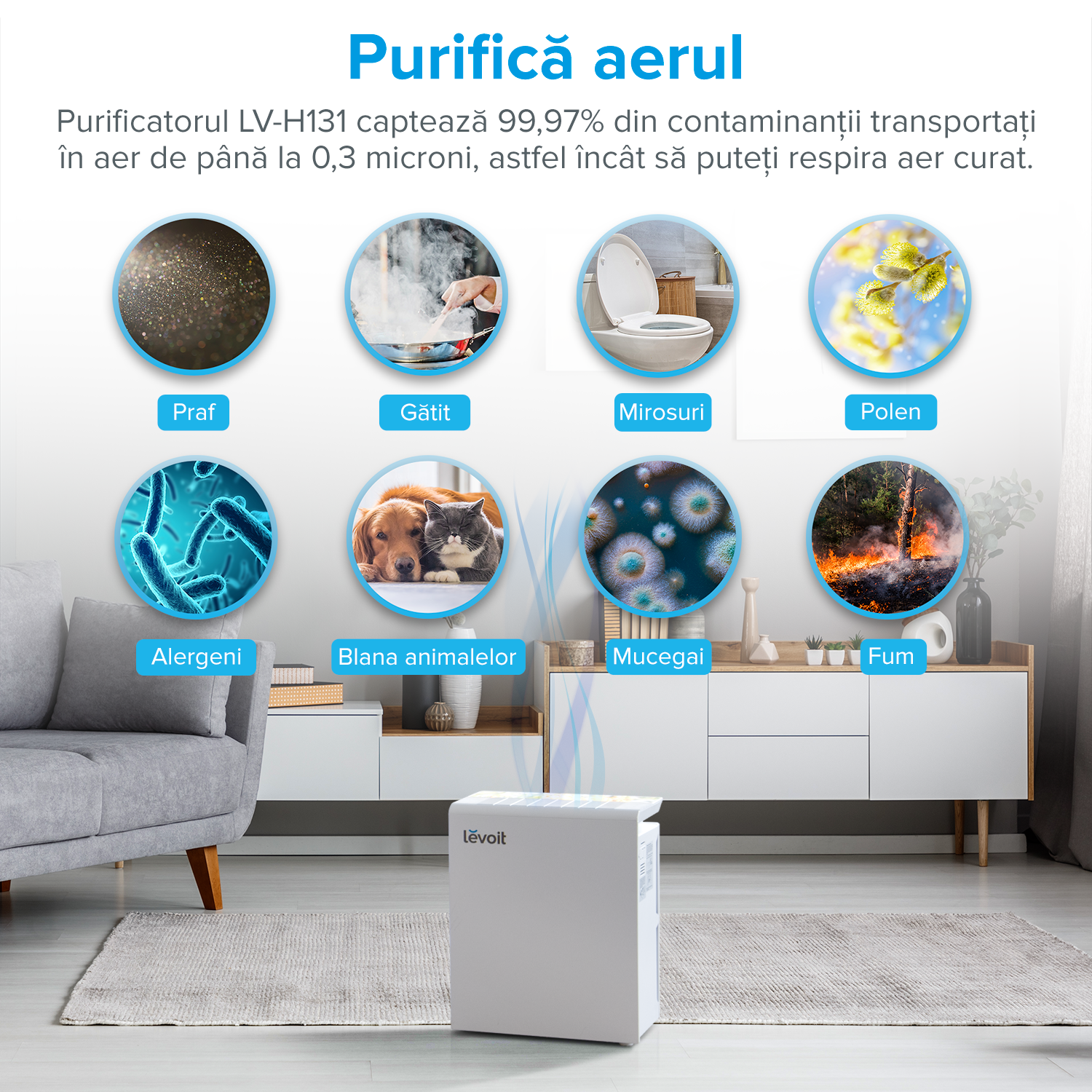 Purificator de aer Levoit LV-H131, Alb, Filtru True HEPA, Carbon activ, Filtrare 99.97%, Sleep mode, Set filtre rezerva