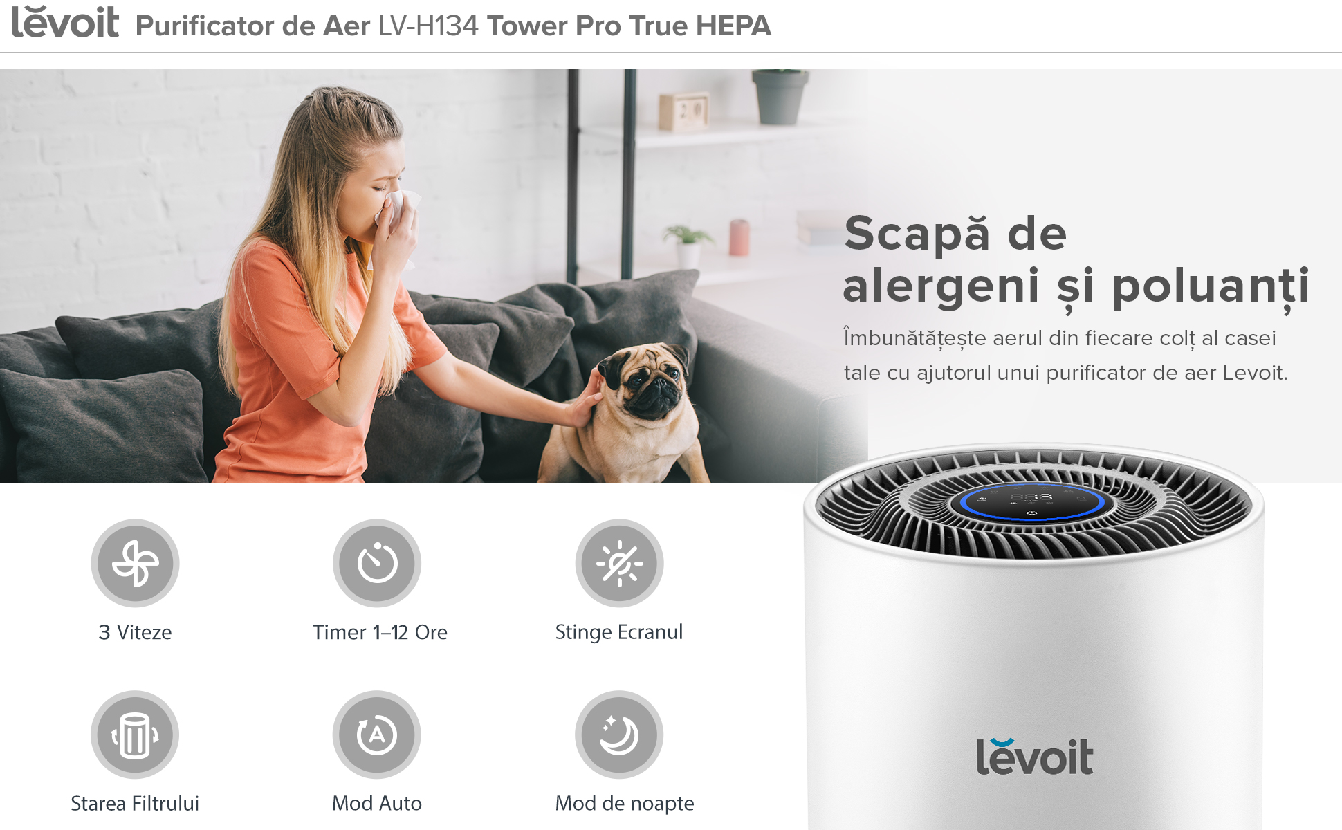 Purificator de aer Levoit LV-H134, Alb, Filtru True HEPA, Filtrare 99.97%, 66 m², Touch screen, Afisaj LED