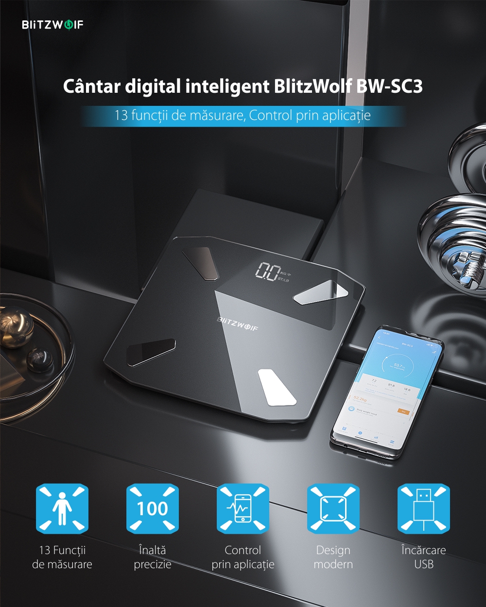 Cantar corporal inteligent BlitzWolf BW-SC3, Smart, Baterie 7000 mAh, 13 Indicatori corporali