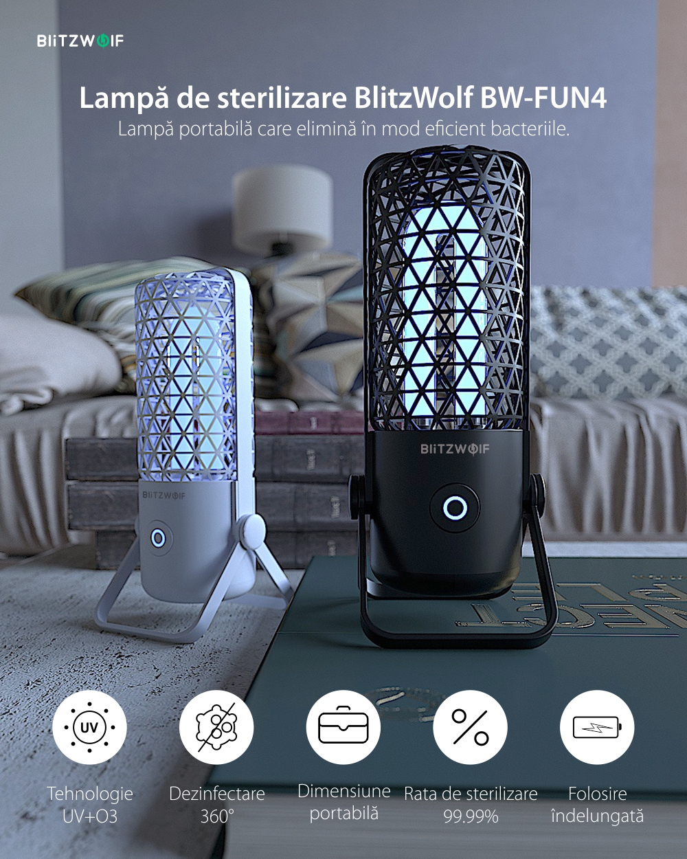 Lampa de sterilizare BlitzWolf BW-FUN4, Portabila, Ultraviolete si ozon, Baterie 700 mAh