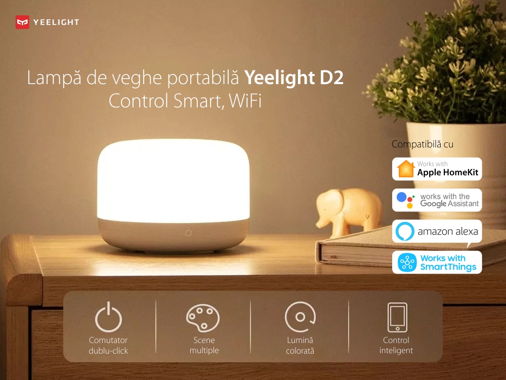 Lampa de veghe portabila Yeelight D2, Alb, Smart, Bluetooth, Ajustare culori