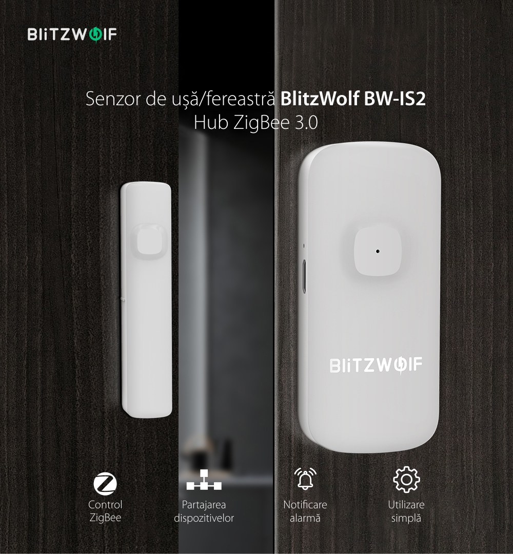 Senzor de contact pentru usa / fereastra BlitzWolf BW-IS2, Wi-Fi, Control ZigBee, Baterie 500 mAh