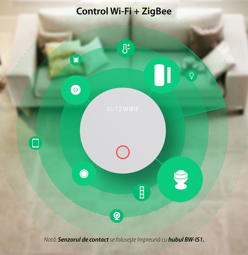 Senzor de contact pentru usa / fereastra BlitzWolf BW-IS2, Wi-Fi, Control ZigBee, Baterie 500 mAh