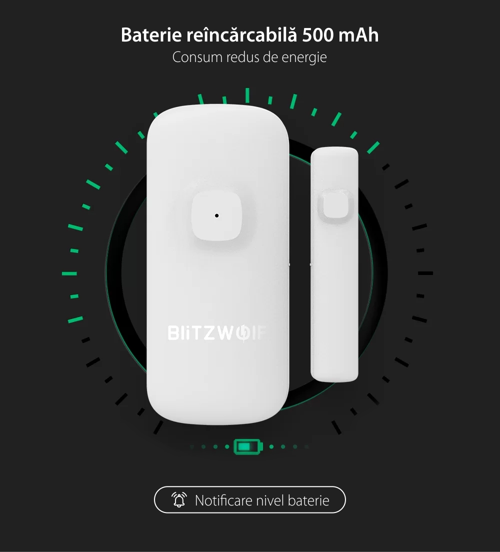 Senzor de contact pentru usa / fereastra BlitzWolf BW-IS2, Wi-Fi, Control ZigBee, Baterie 500 mAh