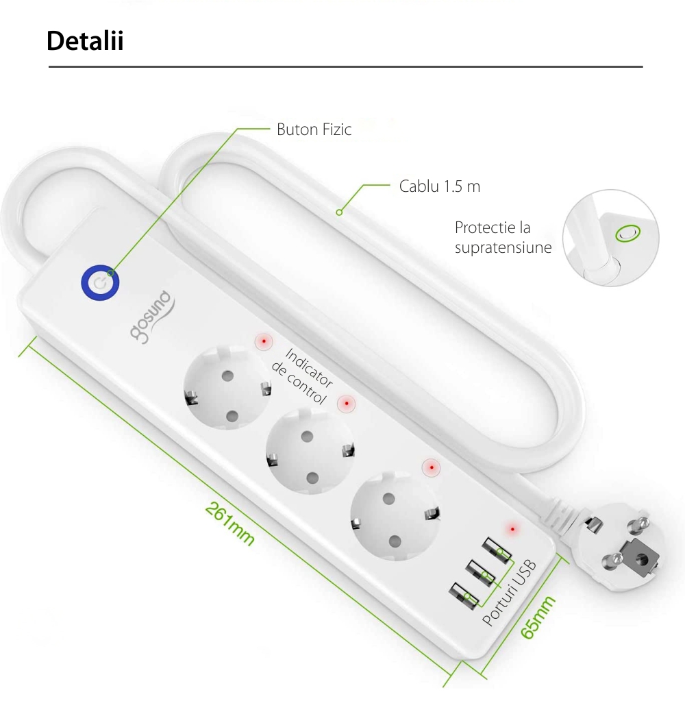 Prelungitor Smart Gosund P1, 3680W, Control prin aplicatie, 3 Prize, 3 Porturi USB