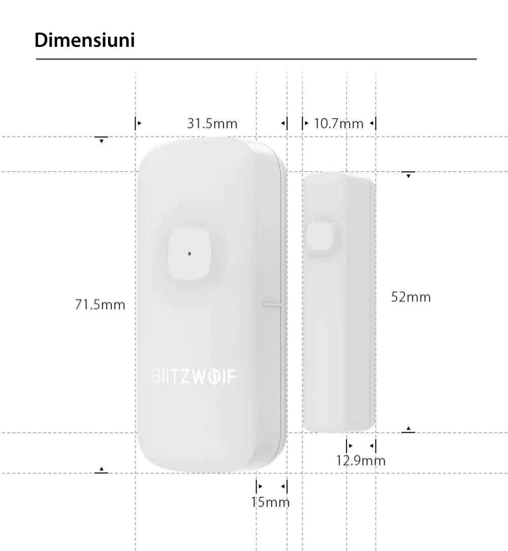 Senzor de contact pentru usa / fereastra BlitzWolf BW-IS2, Wi-Fi, Control ZigBee, Baterie 500 mAh