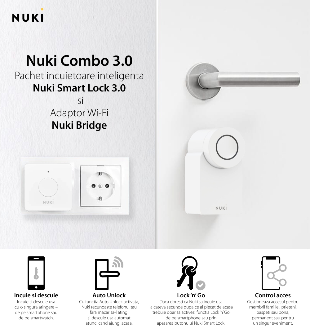 Pachet Nuki Combo 3.0, Include Nuki Smart Lock 3.0 si Nuki Bridge, Control de la distanta prin aplicatie