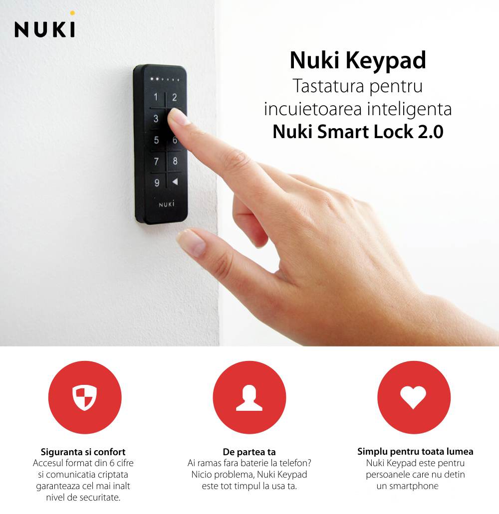 Tastatura inteligenta Nuki Keypad, Bluetooth 5.0, Pentru Nuki Smart Lock 2.0, Operare cod de acces