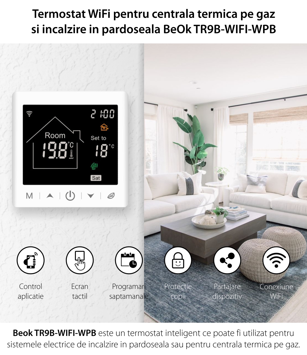 Termostat Wi-Fi BeOk pentru centrala termica pe gaz si incalzire in pardoseala