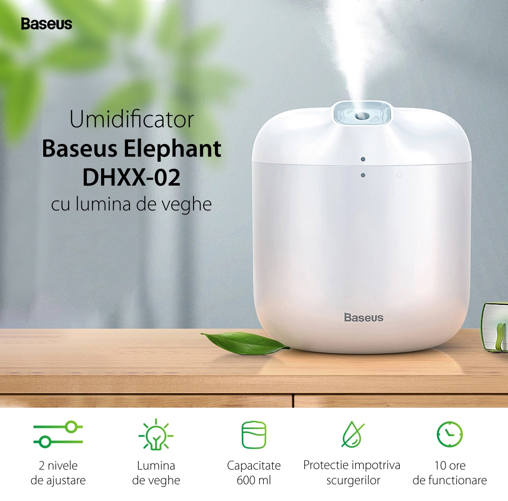 Umidificator cu lumina de veghe Baseus Elephant DHXX-02, Capacitate 600 mL, Ajustare 2 nivele