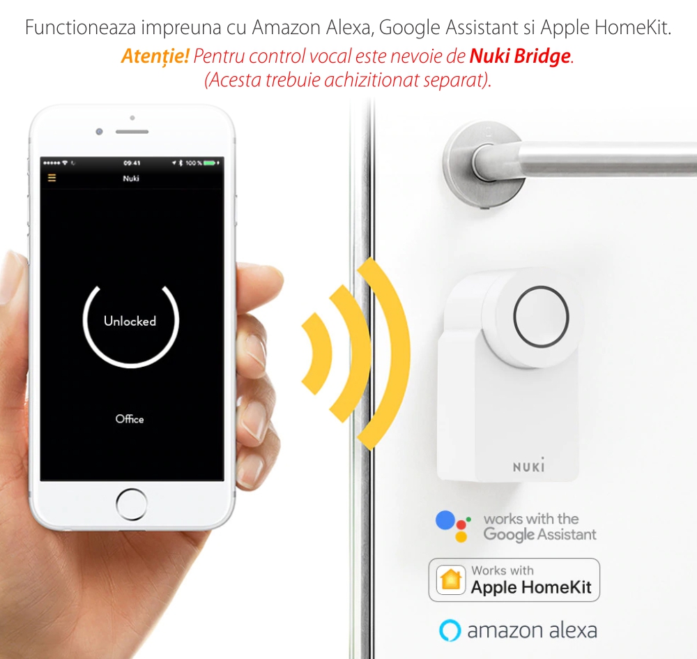 Incuietoare inteligenta Nuki Smart Lock 3.0, Wireless, Bluetooth 5.0, Control aplicatie, Raza detectie 10 m