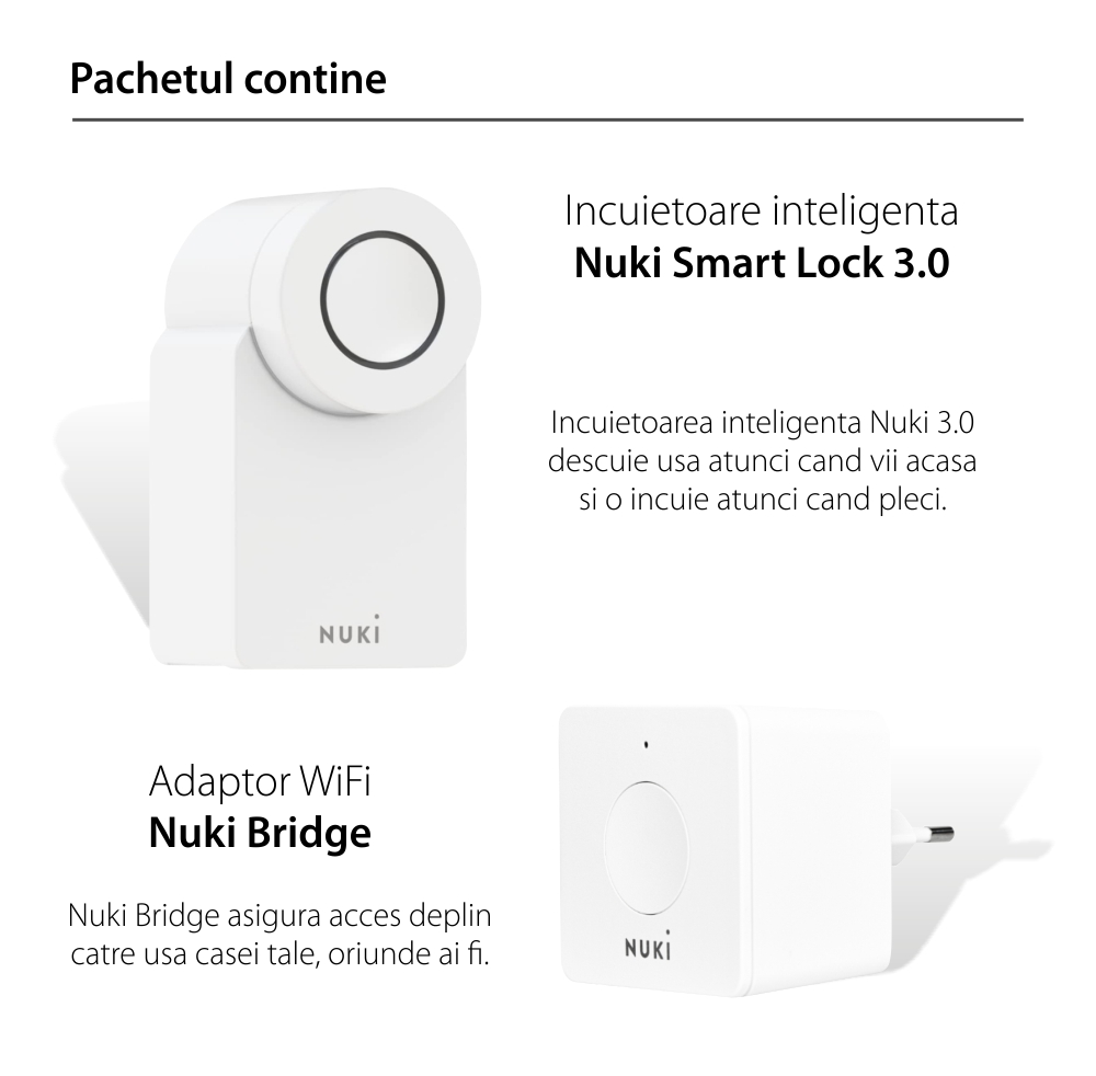 Pachet Nuki Combo 3.0, Include Nuki Smart Lock 3.0 si Nuki Bridge, Control de la distanta prin aplicatie