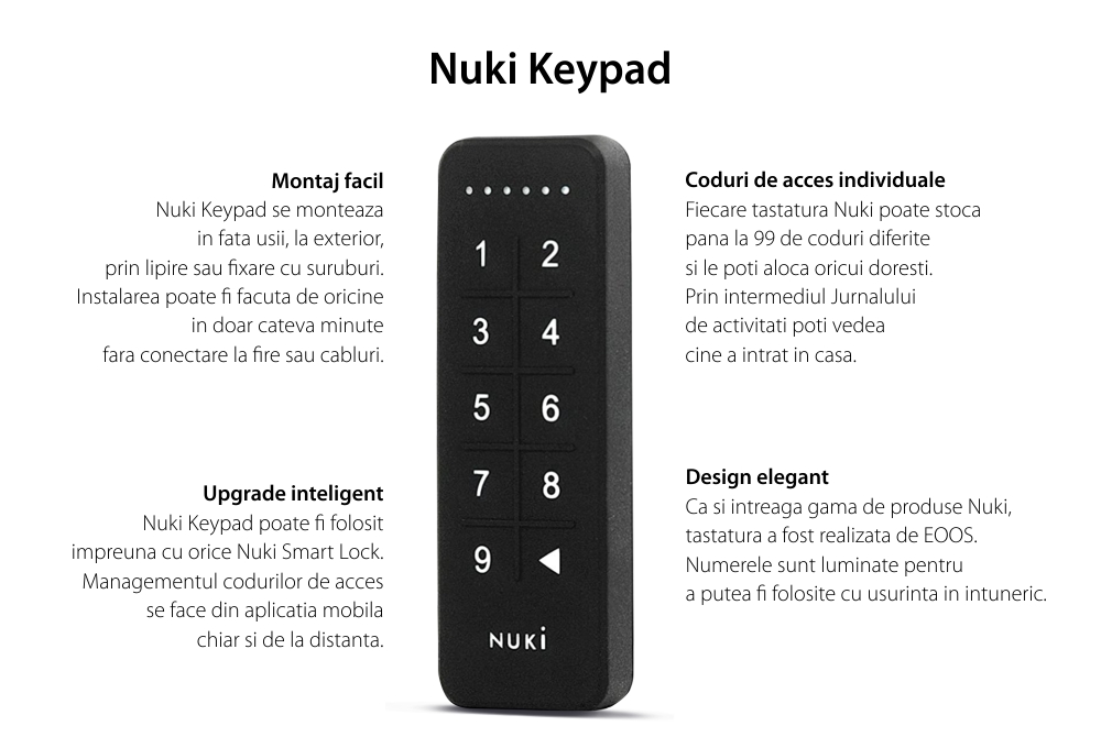 Tastatura inteligenta Nuki Keypad, Bluetooth 5.0, Pentru Nuki Smart Lock 2.0, Operare cod de acces