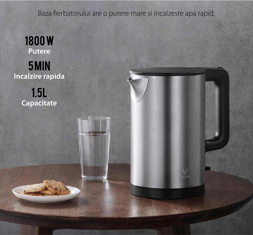 Fierbator de apa Viomi Kettle, Negru, Capacitate 1.5 L, Putere 1800 W, Otel inoxidabil