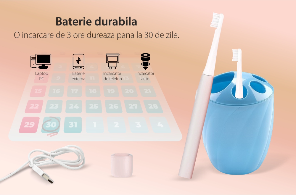 Periuta de dinti electrica Sonic Infly, Baterie 320 mAh, Impermeabila IPX7, Incarcare USB