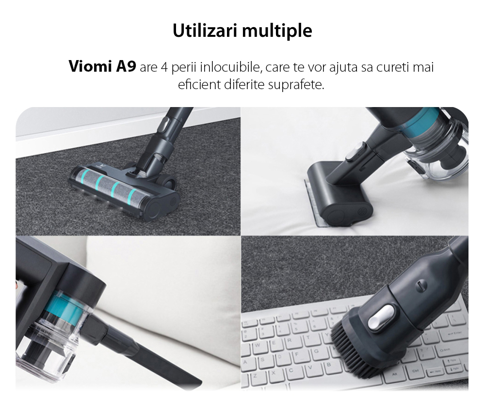 Aspirator vertical Viomi A9, Negru, Wireless, Baterie 2500 mAh, Putere 400 W, Capacitate 400 mL