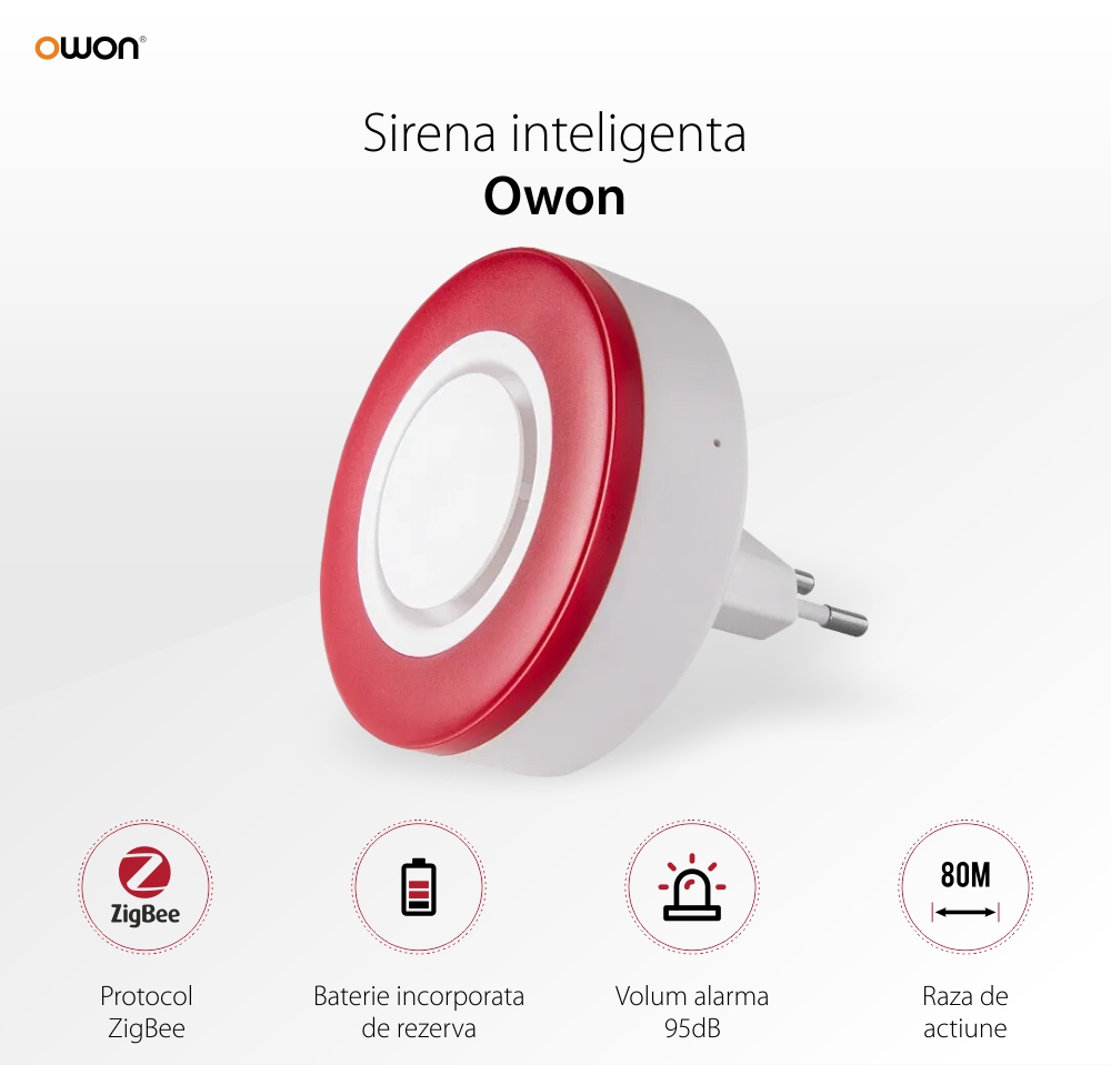 Sirena inteligenta Owon, Control aplicatie, Integrare ZigBee, 95 dB, Baterie rezerva 700 mAh