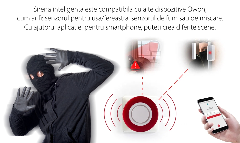 Sirena inteligenta Owon, Control aplicatie, Integrare ZigBee, 95 dB, Baterie rezerva 700 mAh