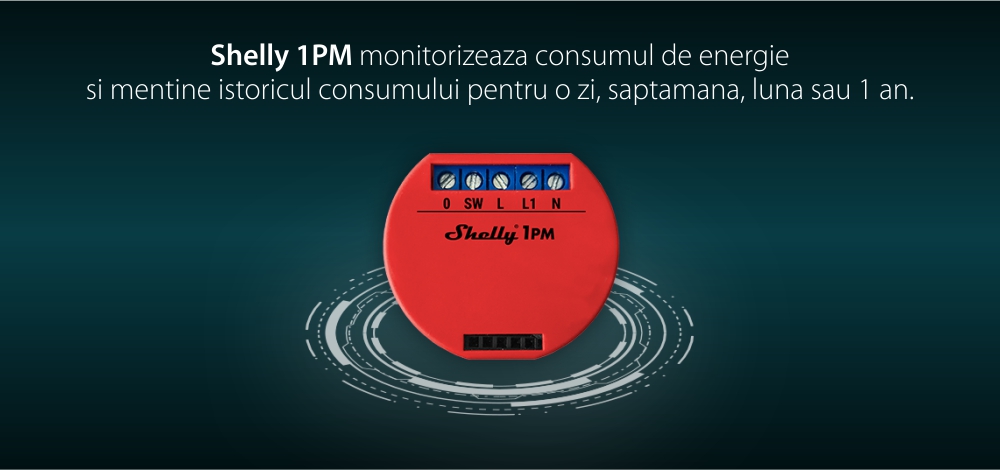 Releu inteligent pentru automatizari Shelly 1PM, Wi-Fi, 16 A, Control aplicatie, Compatibil cu Amazon Alexa & Google