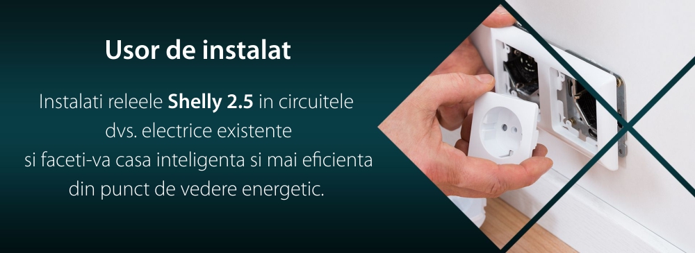 Releu inteligent pentru automatizari Shelly 2.5, Wi-Fi, 20 A, Control aplicatie, Compatibil cu Amazon Alexa si Google Assistant